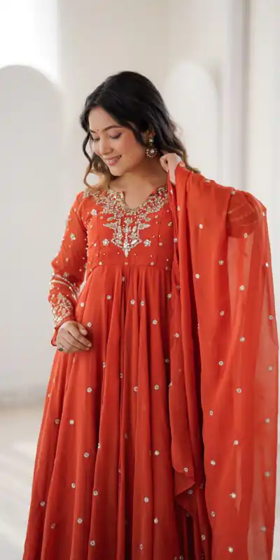 Pretty Orange Faux Georgette Embroider Work Salwar Suit