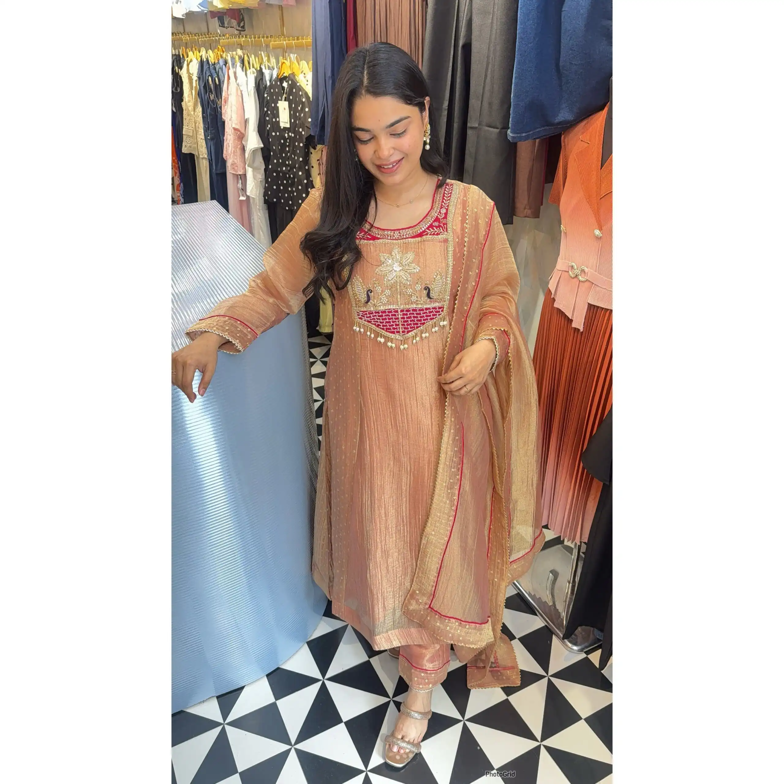 Pretty Peach Salsa Silk Embroidery Work Salwar Suit