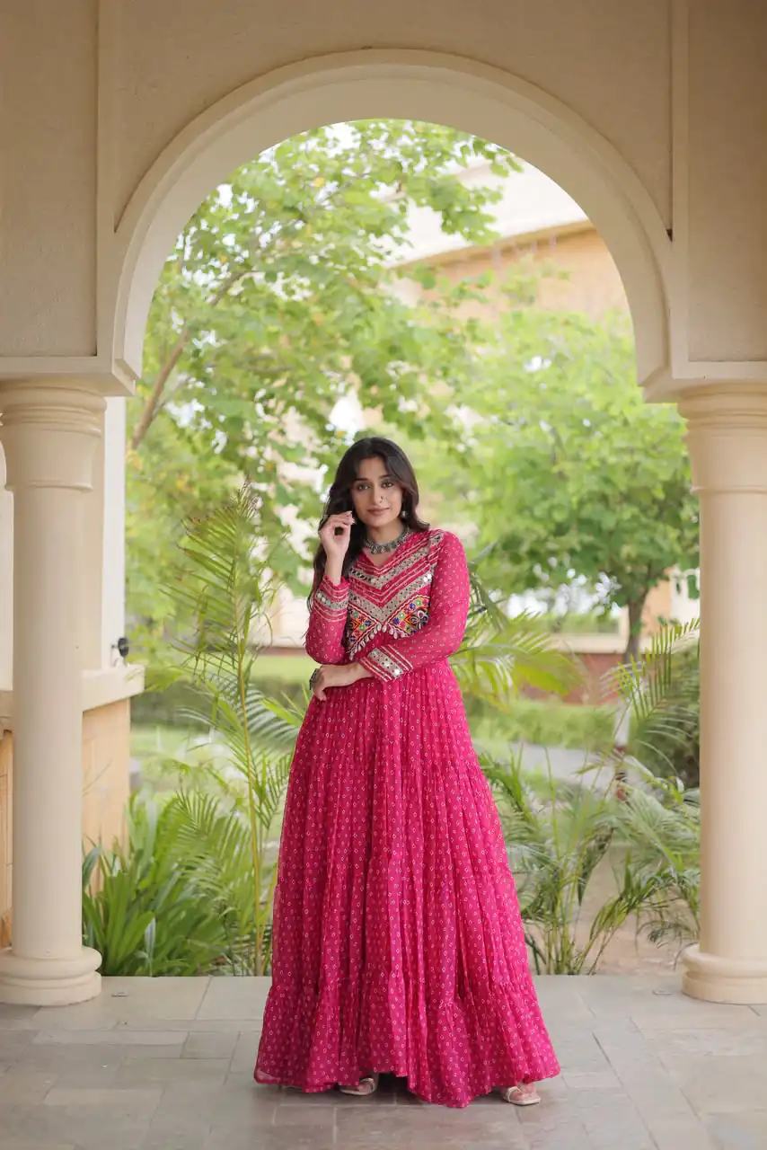 Pretty Pink Faux Georgette Bandhani Print Work Gown