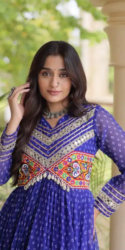 Pretty Royal Blue Faux Georgette Bandhani Print Work Gown
