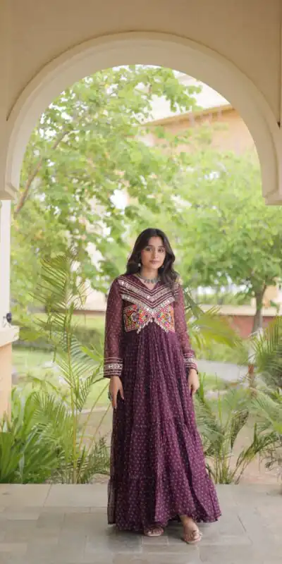 Pretty Wine Faux Georgette Bandhani Print Work Gown