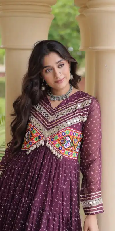 Pretty Wine Faux Georgette Bandhani Print Work Gown