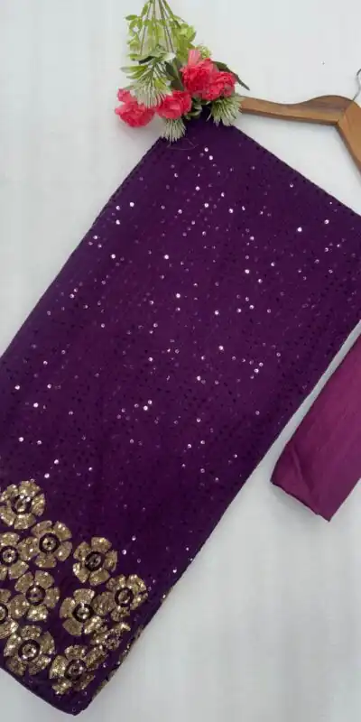 Pretty Wine Faux Georgette Sequins Work Saree