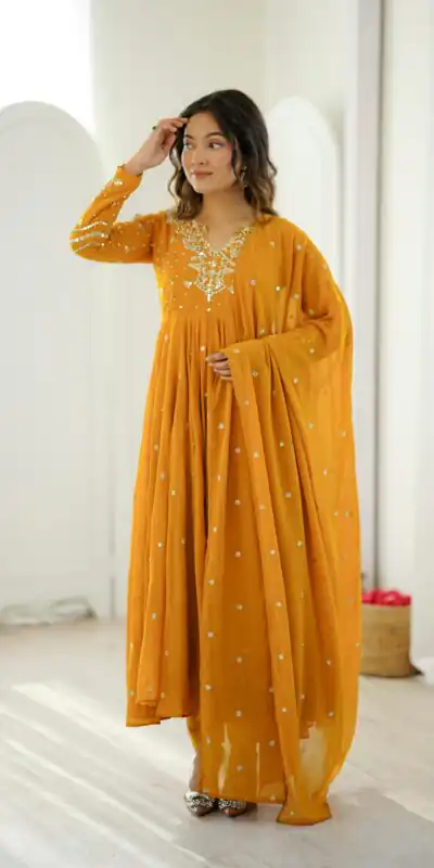 Pretty Yellow Faux Georgette Embroider Work Salwar Suit
