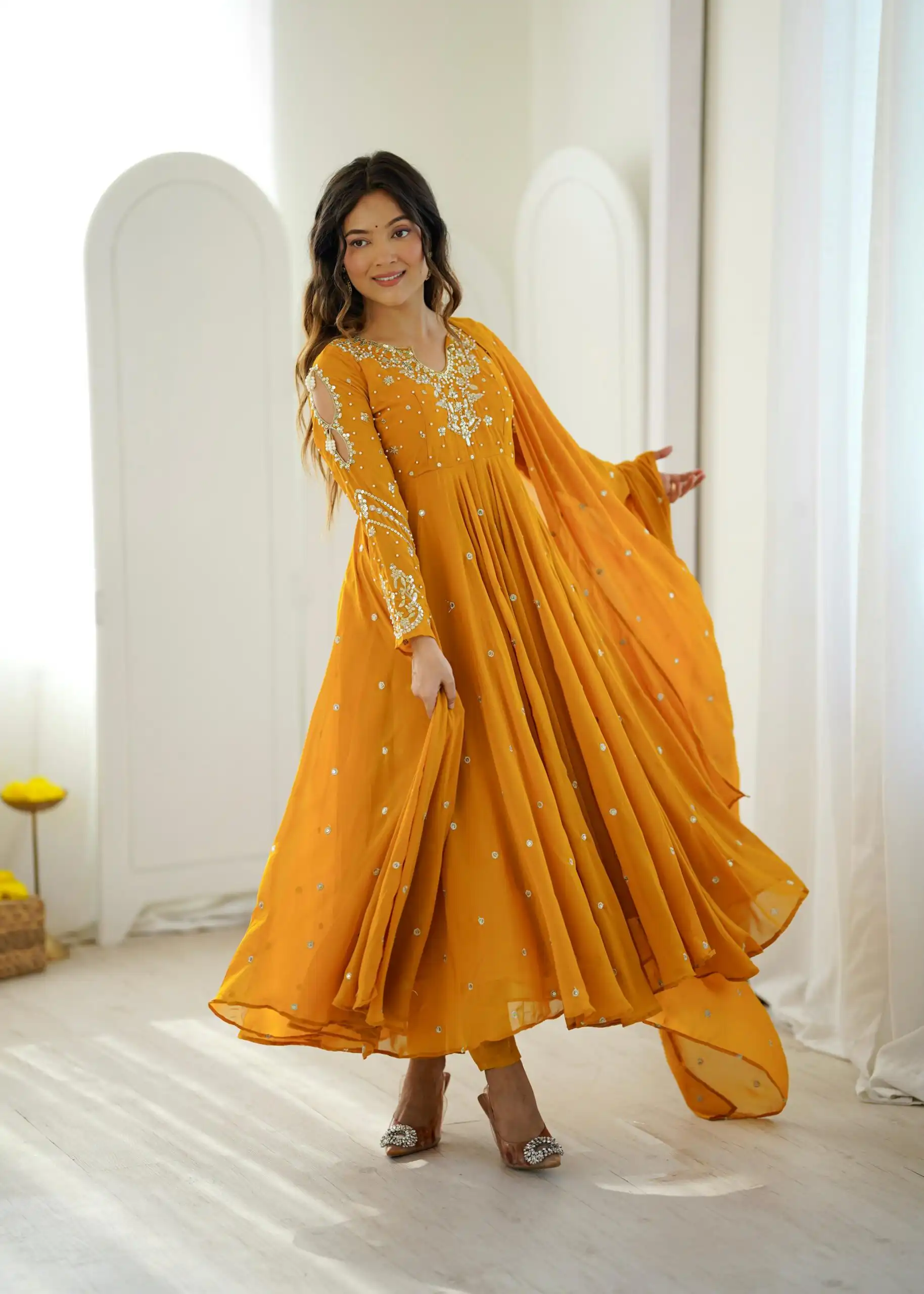 Pretty Yellow Faux Georgette Embroider Work Salwar Suit