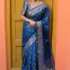 Shiny Navy Blue Soft Lichi Silk Jacquard Lace Work Saree