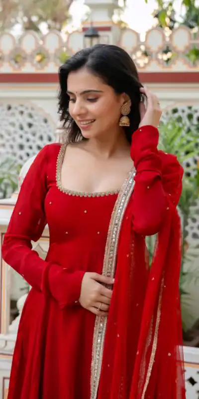Shiny Red Faux Georgette Hand Work Anarkali Suit