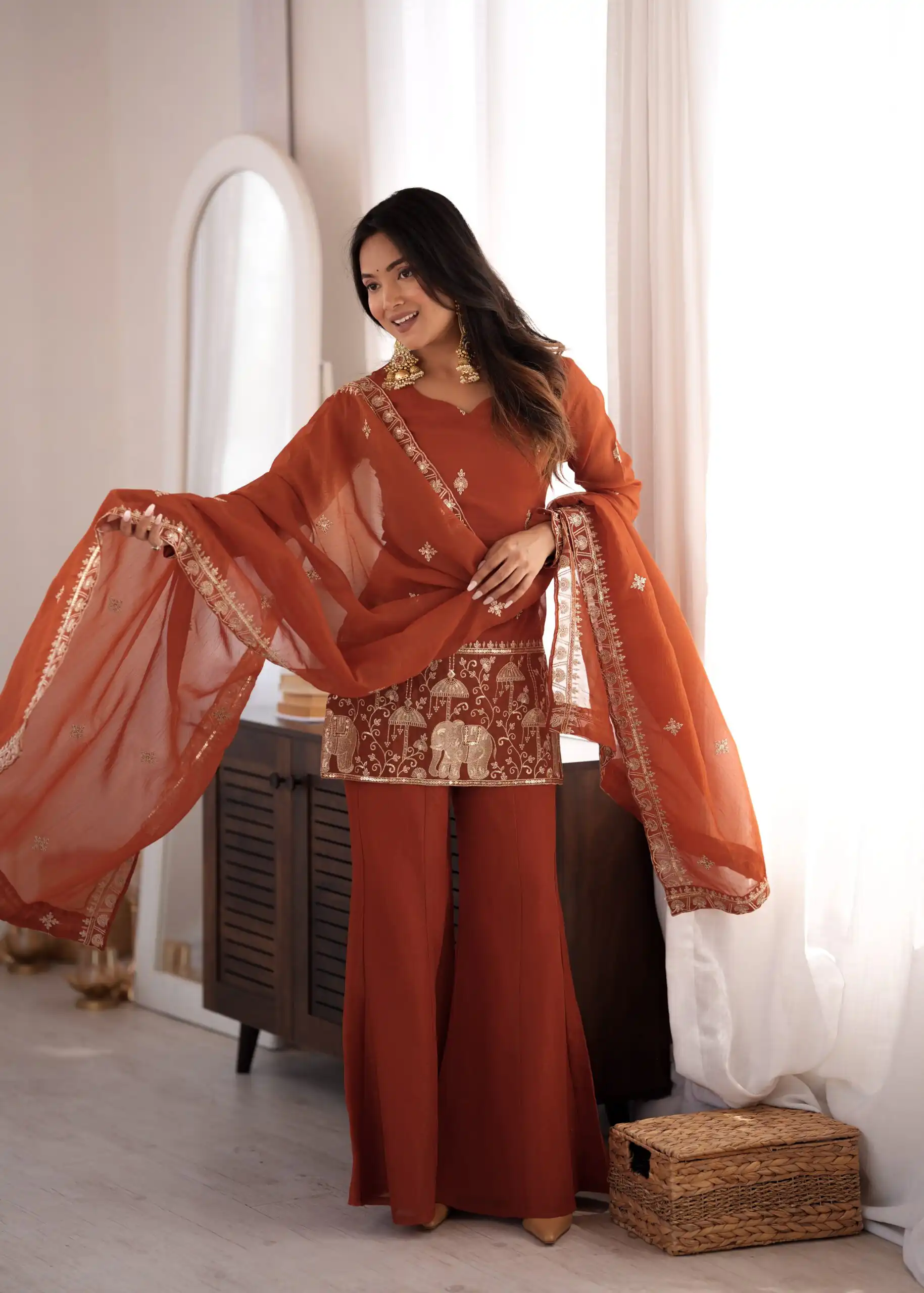Shiny Rust Crunchy Silk Embroider Salwar Suit .