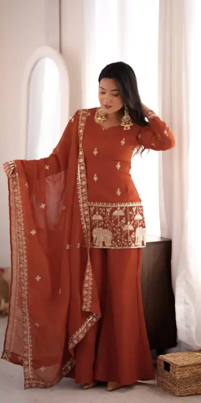 Shiny Rust Crunchy Silk Embroider Salwar Suit .