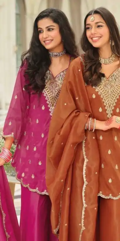 Shiny Rust Natural Silk Embroider Work Salwar Suit