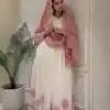 Shiny White Faux Georgette Embroidery Work Gown