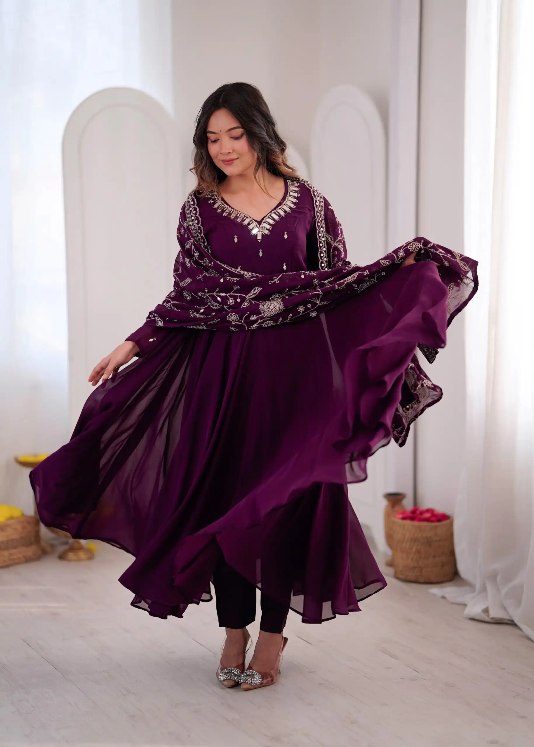 Shiny Wine Faux Georgette Embroidery Mirror Work Gown