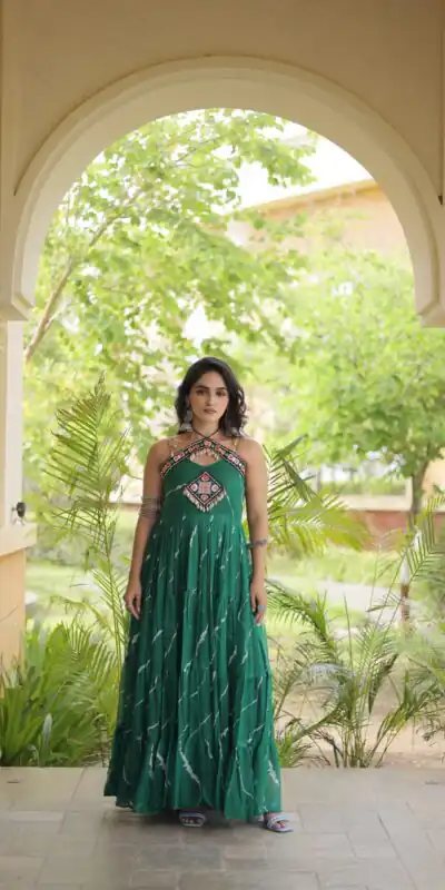 Simple Teal Faux Georgette Bandhani Print Work Gown