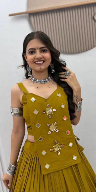 Stylish Mustered Cotton Cowrie Work Lehenga Choli