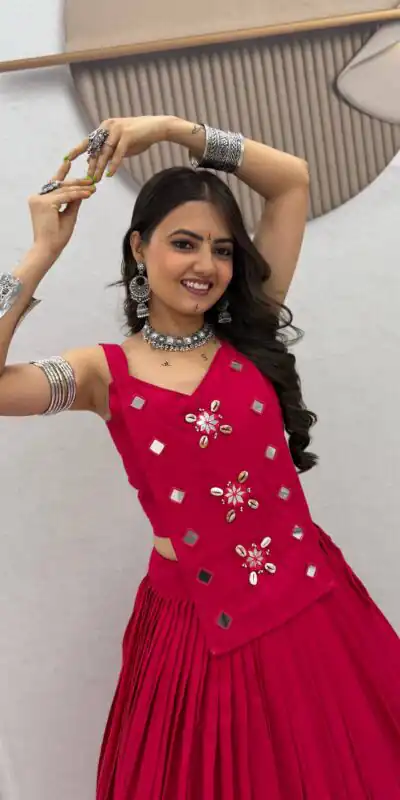 Stylish Pink Cotton Cowrie Work Lehenga Choli