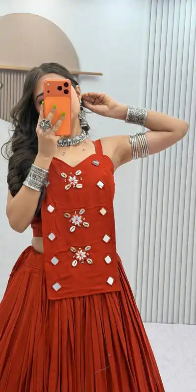 Stylish Rust Cotton Cowrie Work Lehenga Choli