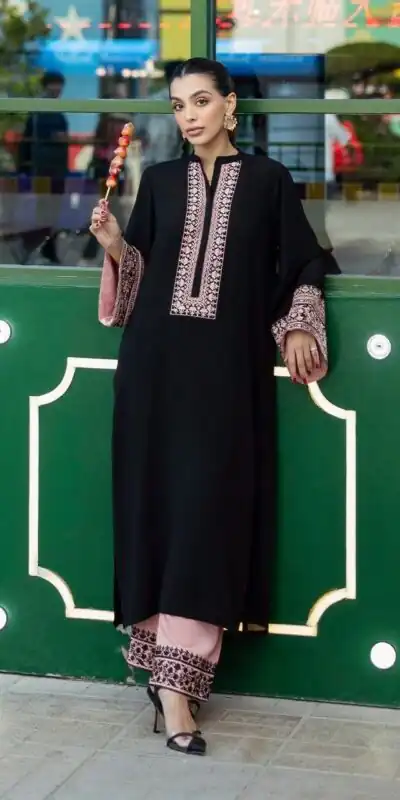 Stylist Black Rayon Cotton Thread Work Kurti