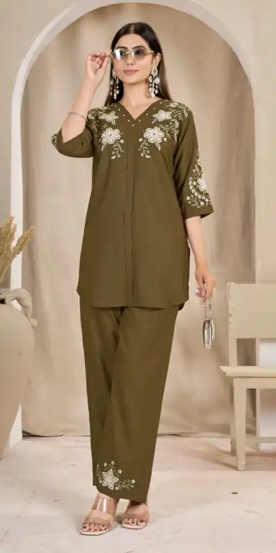 Stylist Brown Rayon Cotton Thread Work Kurti