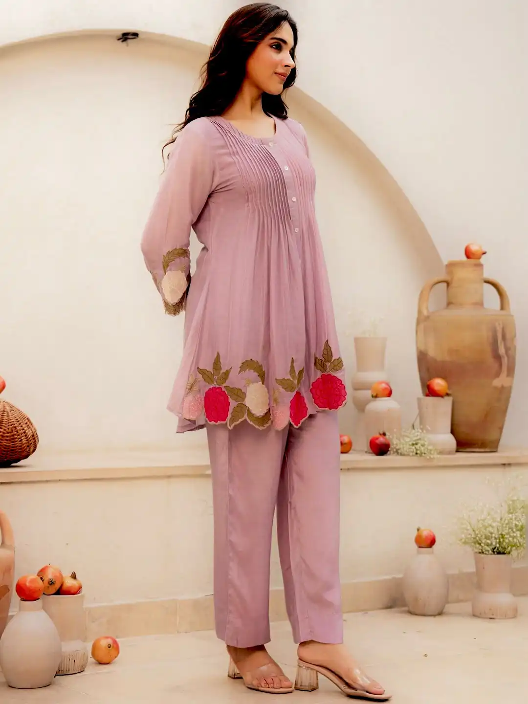 Stylist Pink Cotton Embroidery Work Kurti