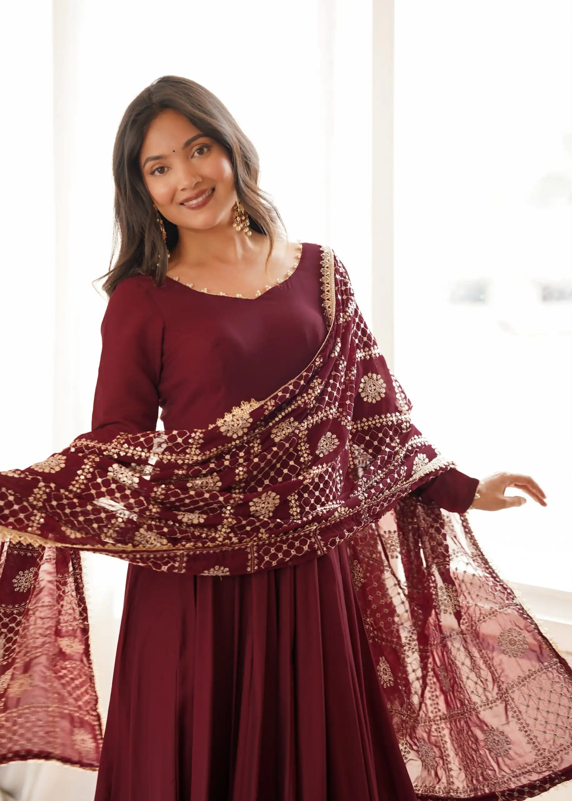 Super Maroon Roman Silk Chanderi Lace Work Anarkali Suit
