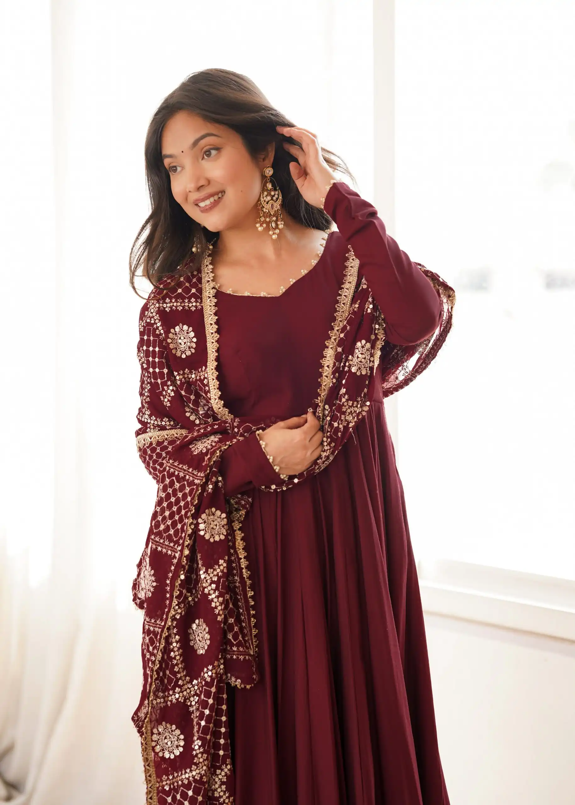 Super Maroon Roman Silk Chanderi Lace Work Anarkali Suit