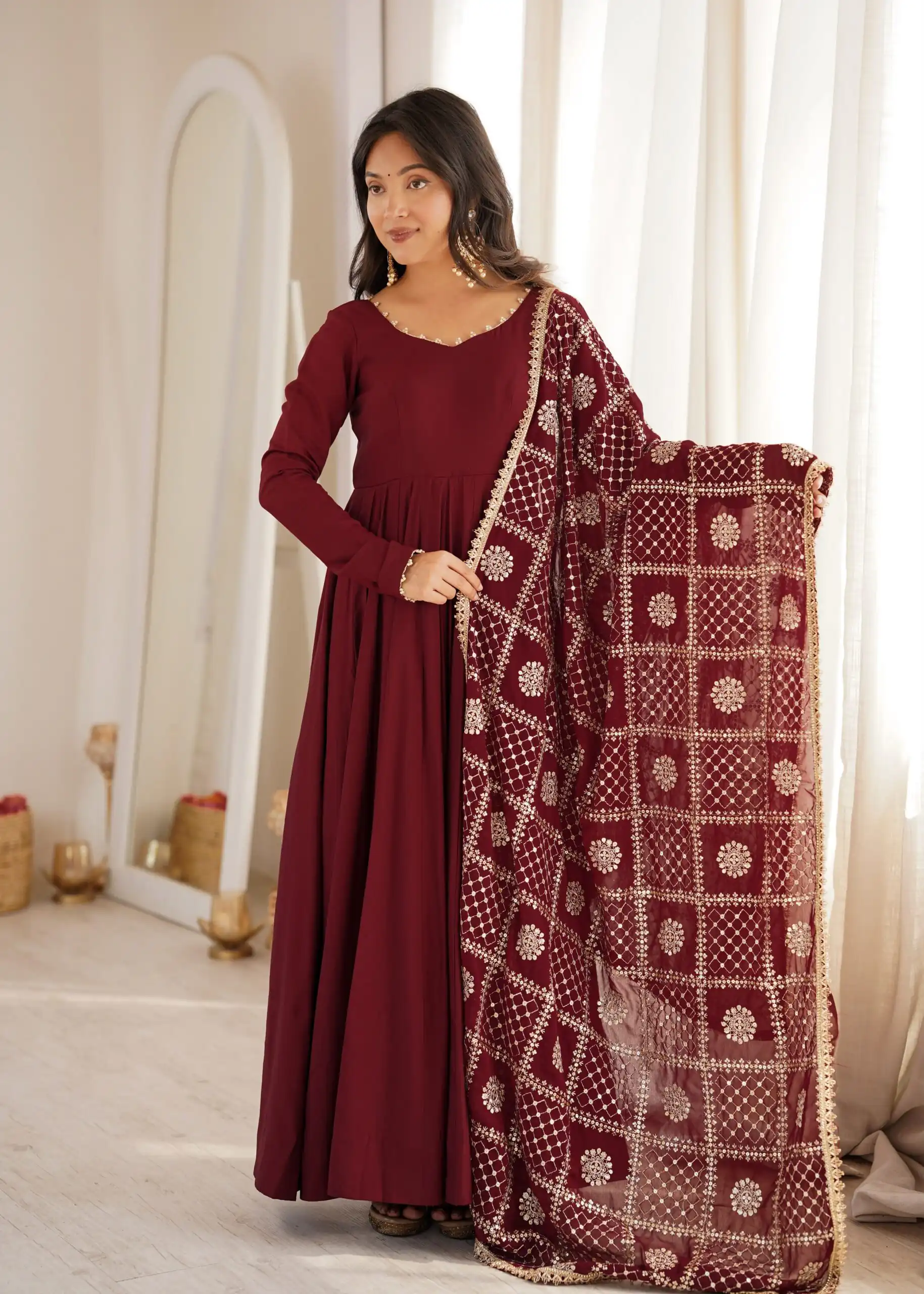 Super Maroon Roman Silk Chanderi Lace Work Anarkali Suit