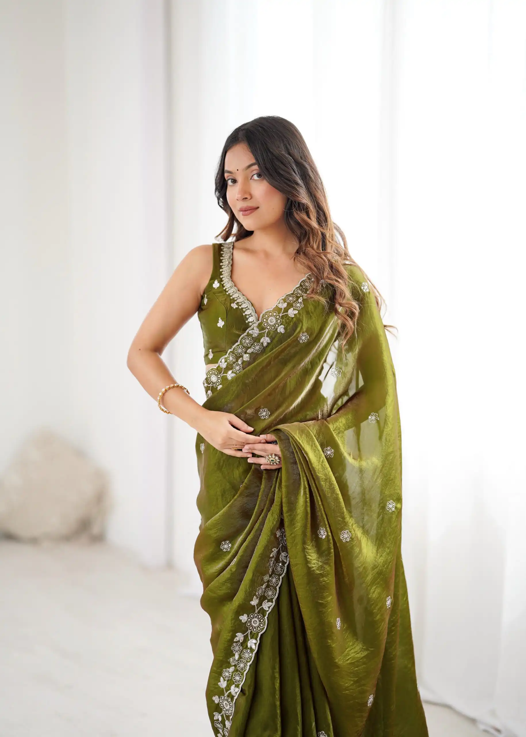 Super Mehandi Fendy Silk Sequins Work Saree