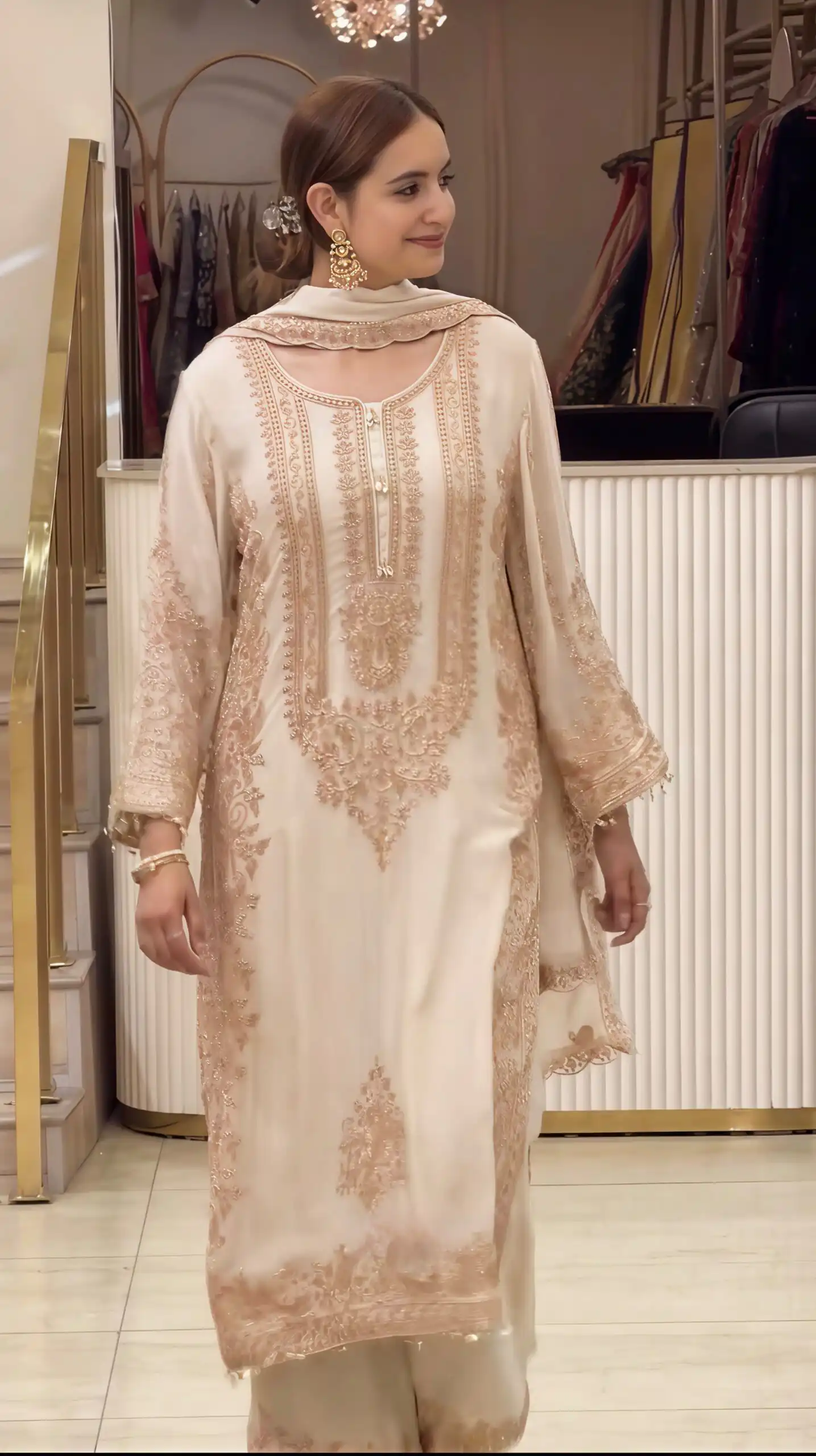 Super Off White Faux Georgette Embroider Work Salwar Suit