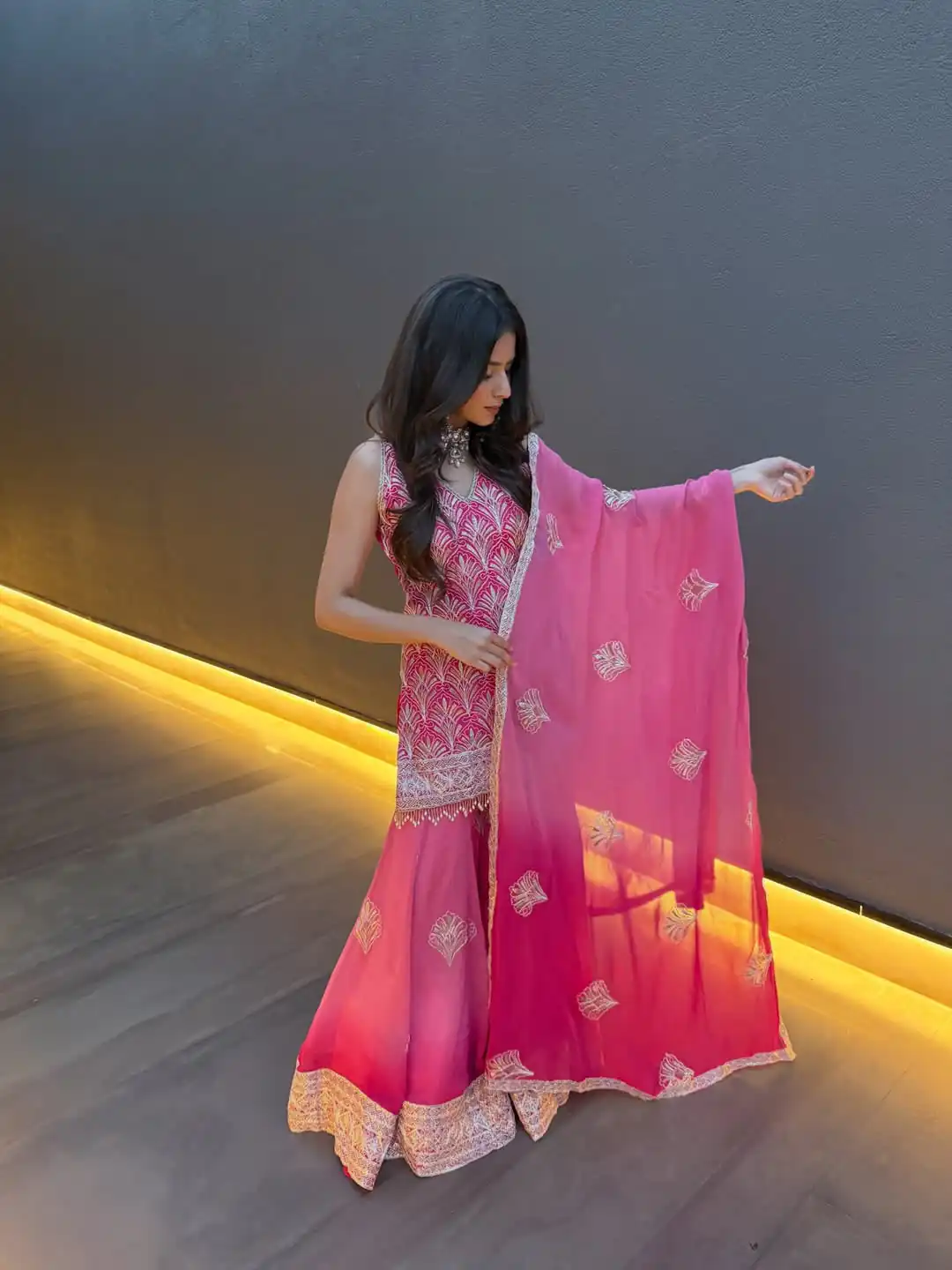 Super Pink Printed Faux Georgette Embroidery Work Salwar Suit