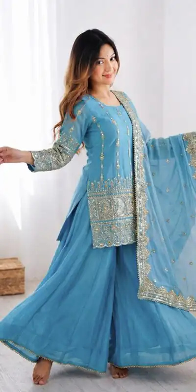 Super Sky Blue Vichitra Silk Sequence Work Salwar Suit