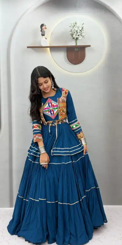 Super Teal Cotton Mirror Gamthi Work Lehenga Choli