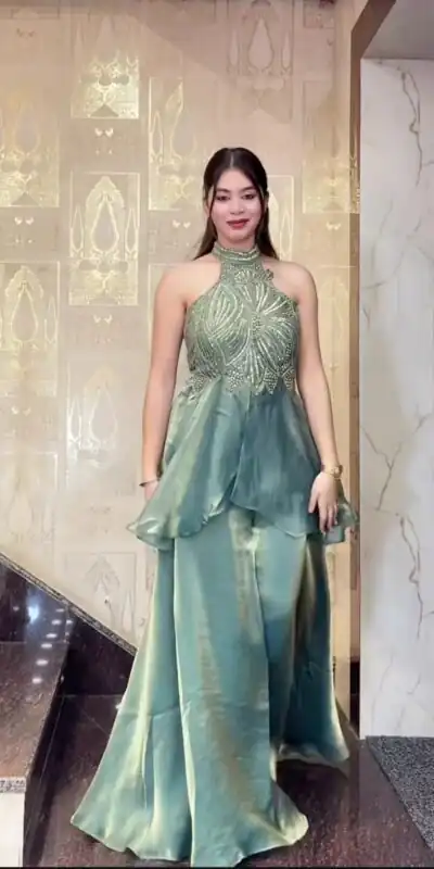 Super Teal Fendy Silk Bids Hand Work Salwar Suit