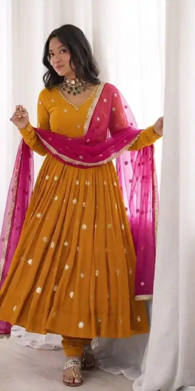 Super Yellow Faux Georgette Embroidery Work Salwar Suit