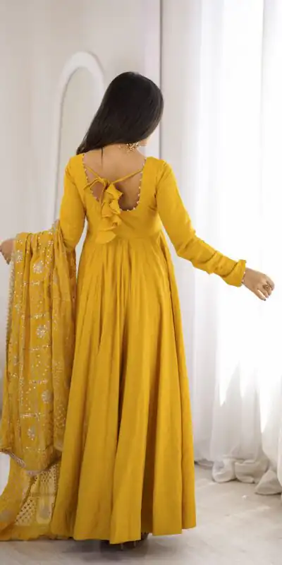 Super Yellow Roman Silk Chanderi Lace Work Anarkali Suit