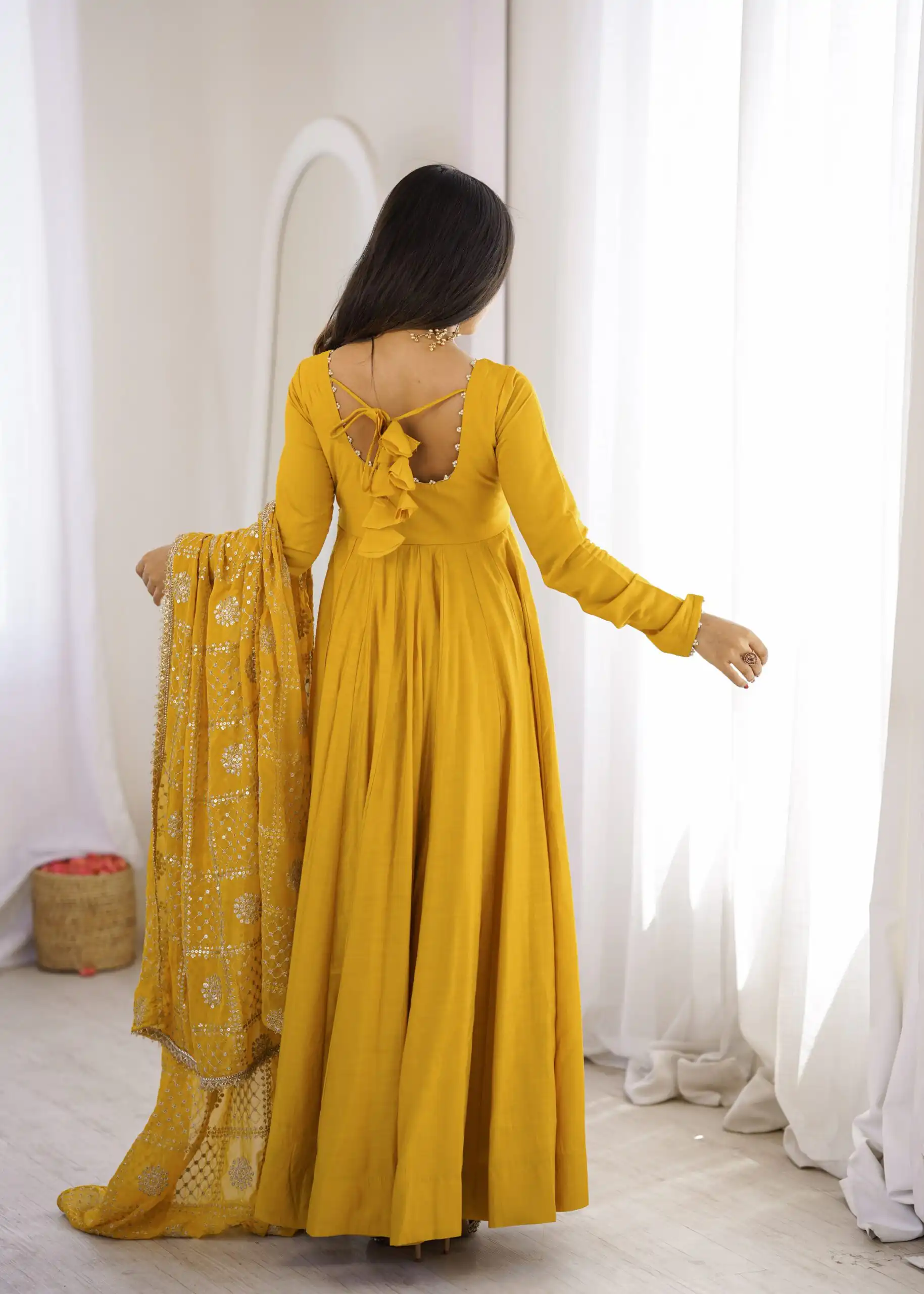 Super Yellow Roman Silk Chanderi Lace Work Anarkali Suit