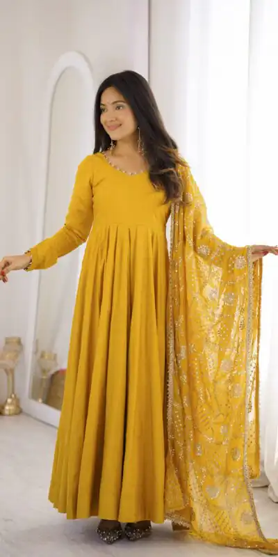 Super Yellow Roman Silk Chanderi Lace Work Anarkali Suit
