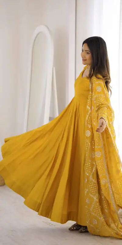 Super Yellow Roman Silk Chanderi Lace Work Anarkali Suit