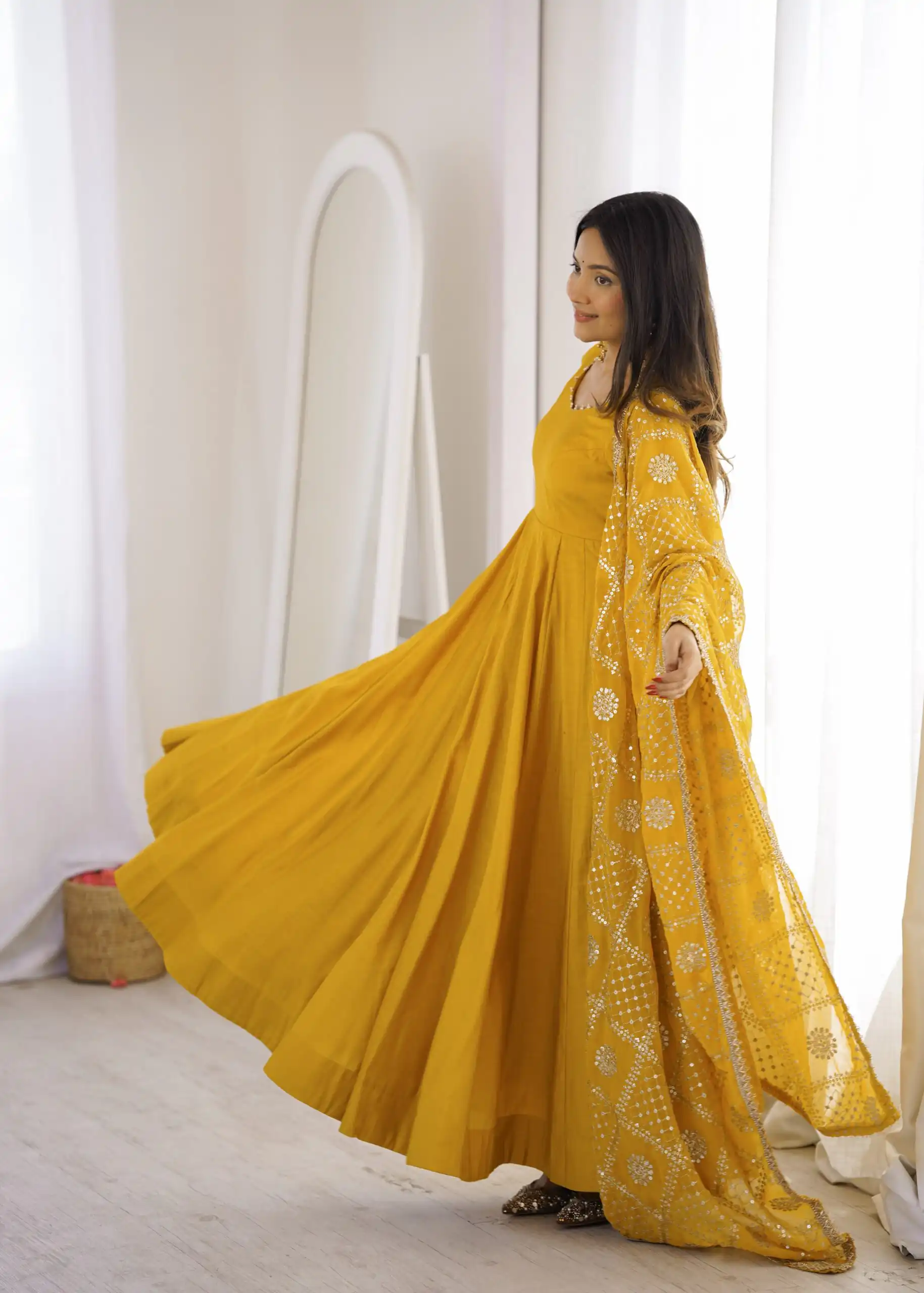 Super Yellow Roman Silk Chanderi Lace Work Anarkali Suit