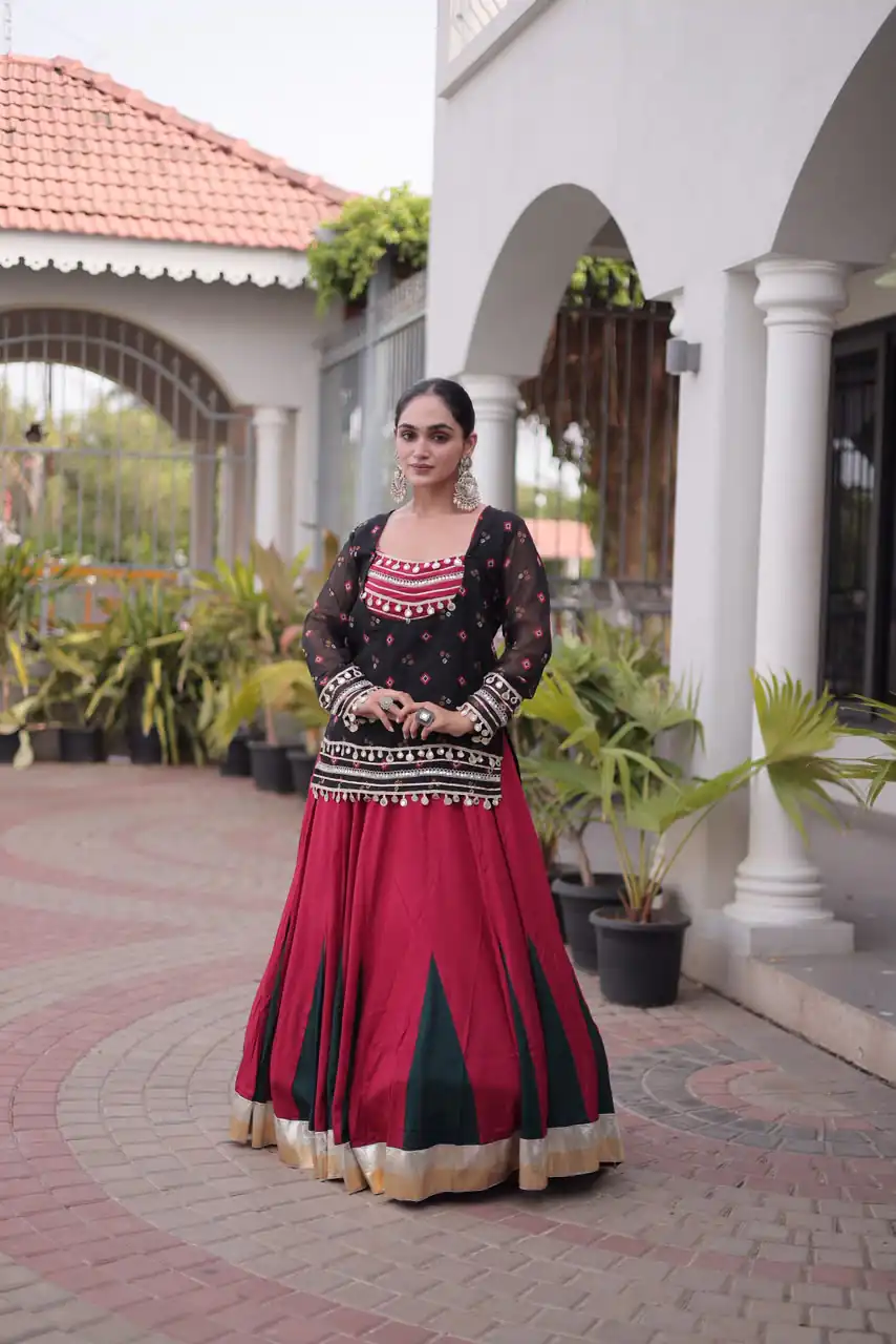 Trendy Black Rayon Kutchi Work Lehenga Choli