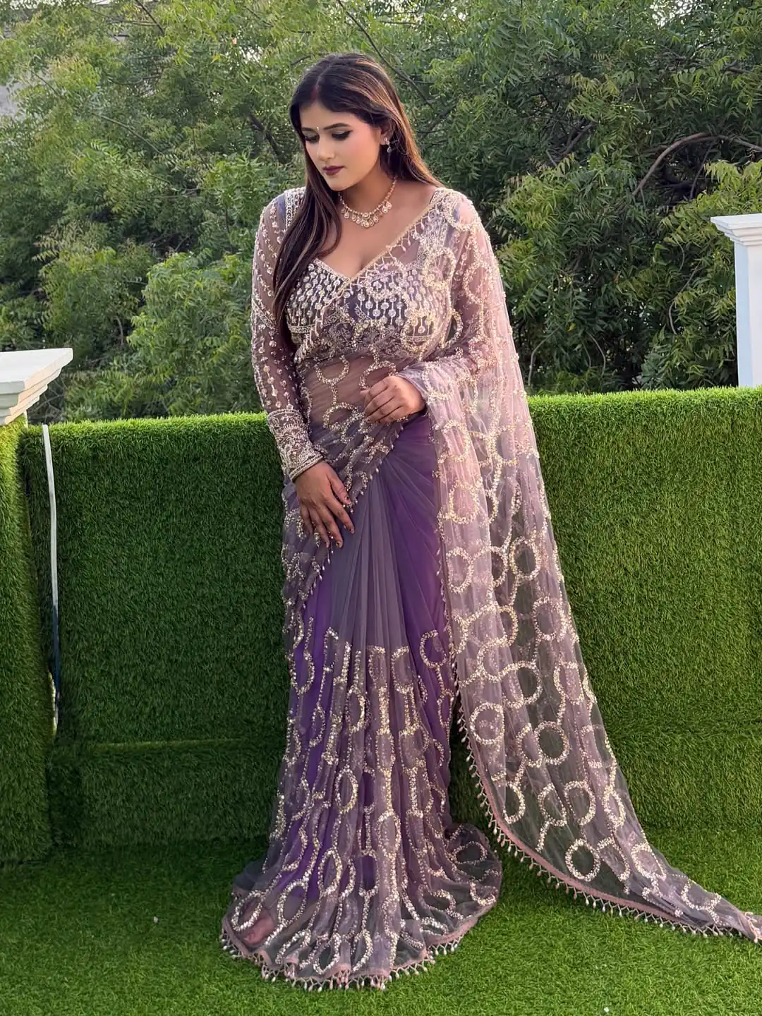 Trendy Lavender Butterfly Net Sequence Work Saree