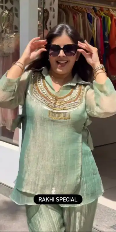 Unique Pista Salsa Crushed Hand Work Shrug Kurti
