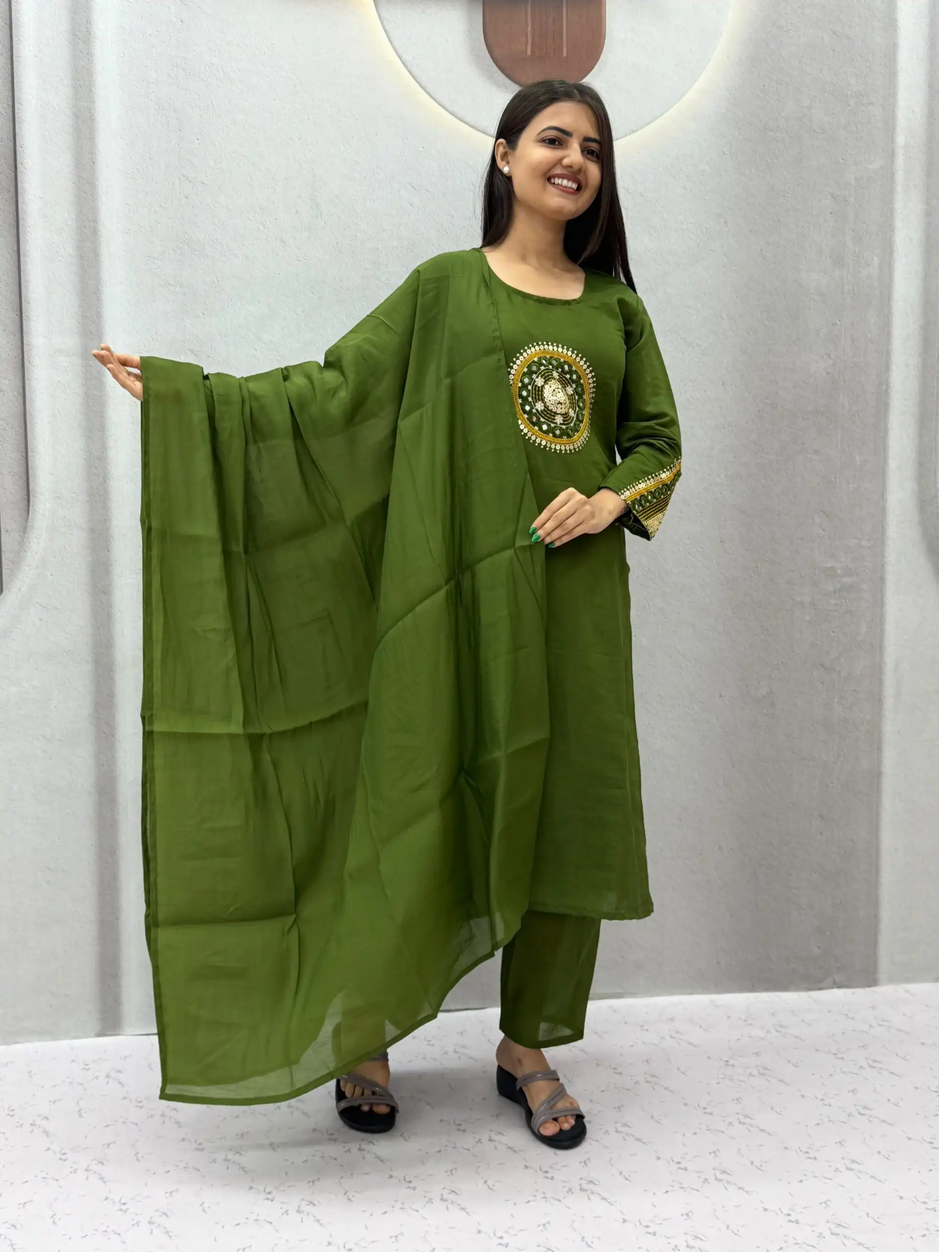 PC 598 Green Roman Silk Salwar Suit with Sequins Work & Embroidery Work. Available at ₹2099 only. Delivery 4-6 Working Days. Shop now. | Jump Suits, Salwar suit, Casual Suits, Creative suits, Designer Suits, Palazzo Suits, Party Wear Suits, Patiala Suits, Straight Suits