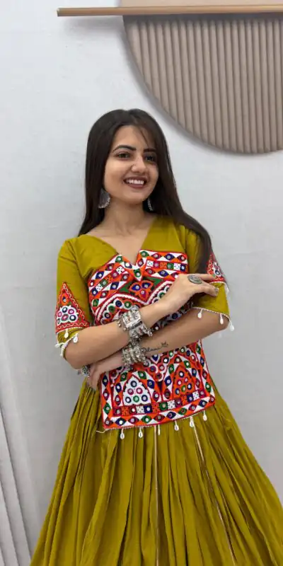 PC 595 Mustered in Pure Cotton Mirror Work & Gamthi Work Lehenga Choli . Exclusive Offer ₹3099. Delivery 4-6 Working Days. Shop now. | Lehenga, Bollywood Lehenga, Creative Lehenga, Designer Lehenga, Embroidered Lehenga, Party Wear Lehenga