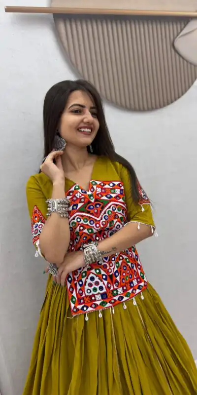 PC 595 Mustered in Pure Cotton Mirror Work & Gamthi Work Lehenga Choli . Exclusive Offer ₹3099. Delivery 4-6 Working Days. Shop now. | Lehenga, Bollywood Lehenga, Creative Lehenga, Designer Lehenga, Embroidered Lehenga, Party Wear Lehenga