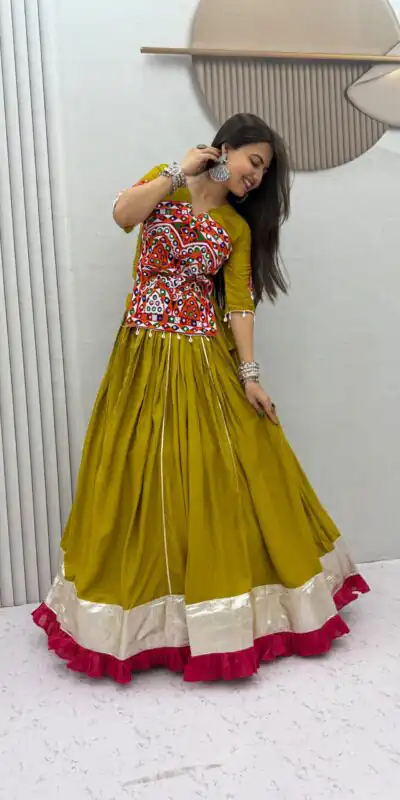 PC 595 Mustered in Pure Cotton Mirror Work & Gamthi Work Lehenga Choli . Exclusive Offer ₹3099. Delivery 4-6 Working Days. Shop now. | Lehenga, Bollywood Lehenga, Creative Lehenga, Designer Lehenga, Embroidered Lehenga, Party Wear Lehenga