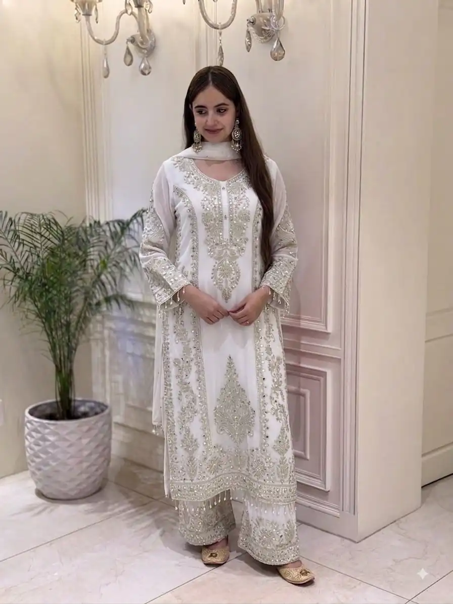 SRK 5365 White Faux Georgette Salwar Suit erfect for Wedding, Party, Mehendi, Pongal, Reception – . Available at ₹2449 only. Delivery 4-6 Working Days | Jump Suits, Salwar suit, Casual Suits, Creative suits, Designer Suits, Palazzo Suits, Party Wear Suits, Patiala Suits, Straight Suits