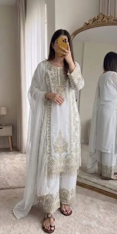 SRK 5365 White Faux Georgette Salwar Suit erfect for Wedding, Party, Mehendi, Pongal, Reception – . Available at ₹2449 only. Delivery 4-6 Working Days | Jump Suits, Salwar suit, Casual Suits, Creative suits, Designer Suits, Palazzo Suits, Party Wear Suits, Patiala Suits, Straight Suits