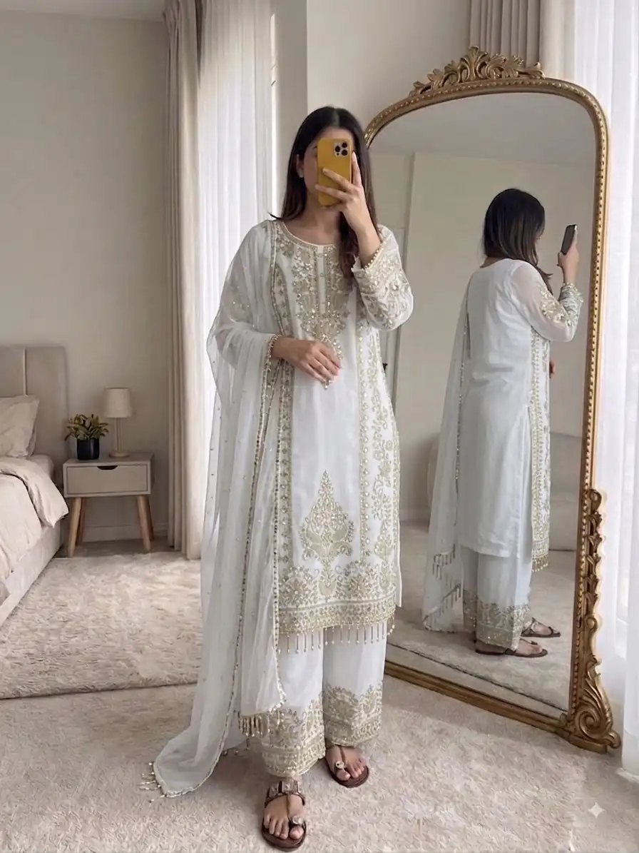 SRK 5365 White Faux Georgette Salwar Suit erfect for Wedding, Party, Mehendi, Pongal, Reception – . Available at ₹2449 only. Delivery 4-6 Working Days | Jump Suits, Salwar suit, Casual Suits, Creative suits, Designer Suits, Palazzo Suits, Party Wear Suits, Patiala Suits, Straight Suits