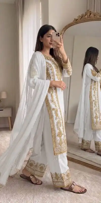 SRK 5365 White Faux Georgette Salwar Suit erfect for Wedding, Party, Mehendi, Pongal, Reception – . Available at ₹2449 only. Delivery 4-6 Working Days | Jump Suits, Salwar suit, Casual Suits, Creative suits, Designer Suits, Palazzo Suits, Party Wear Suits, Patiala Suits, Straight Suits