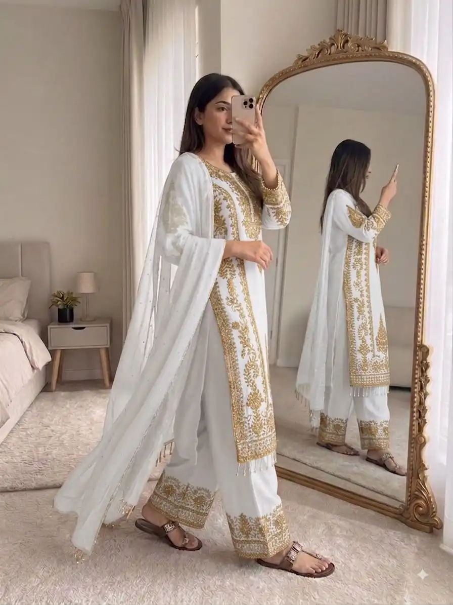 SRK 5365 White Faux Georgette Salwar Suit erfect for Wedding, Party, Mehendi, Pongal, Reception – . Available at ₹2449 only. Delivery 4-6 Working Days | Jump Suits, Salwar suit, Casual Suits, Creative suits, Designer Suits, Palazzo Suits, Party Wear Suits, Patiala Suits, Straight Suits